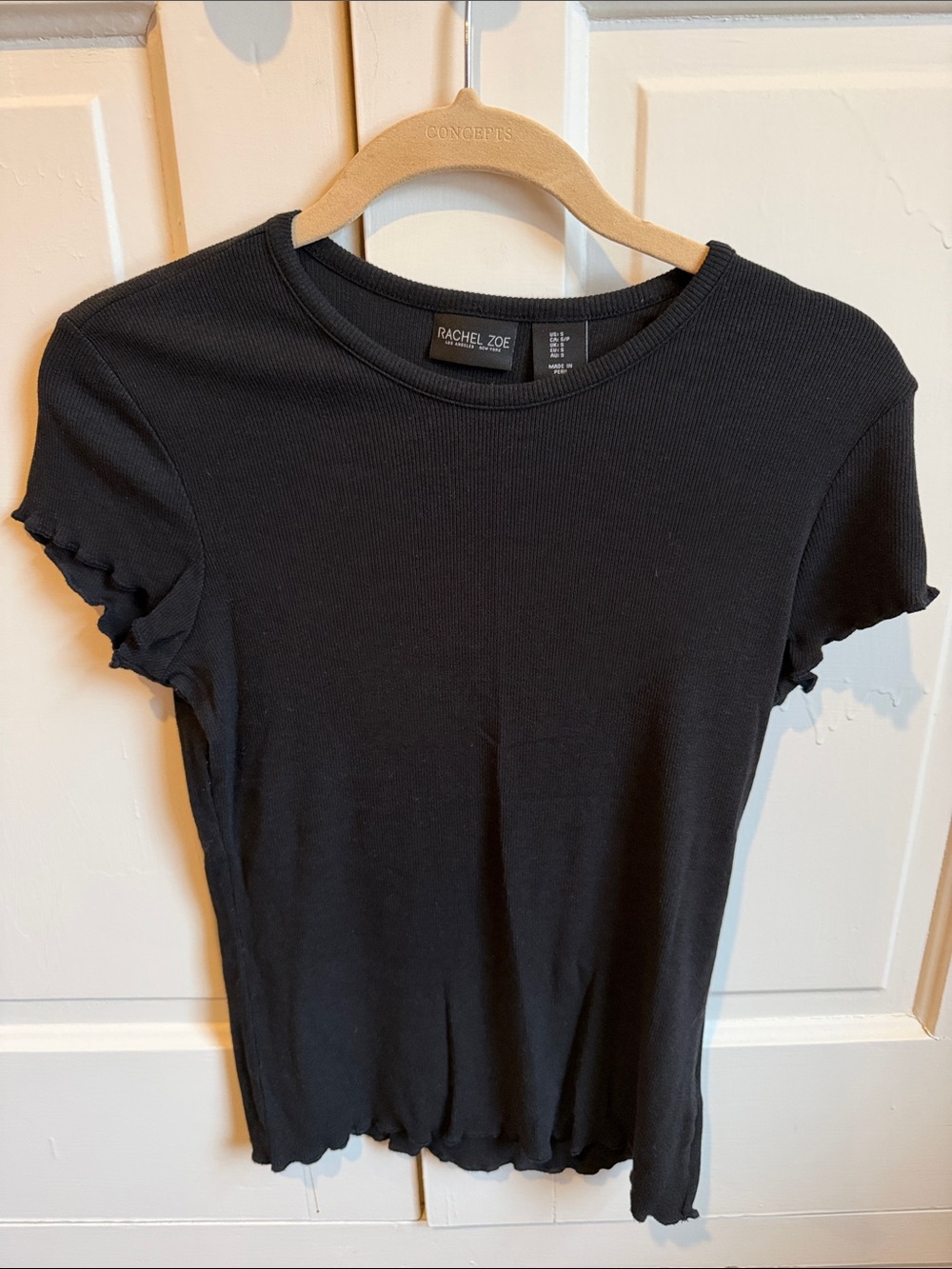 Rachel Zoe Black Ribbed Crewneck Short Sleeve Tee with Lettuce Hem